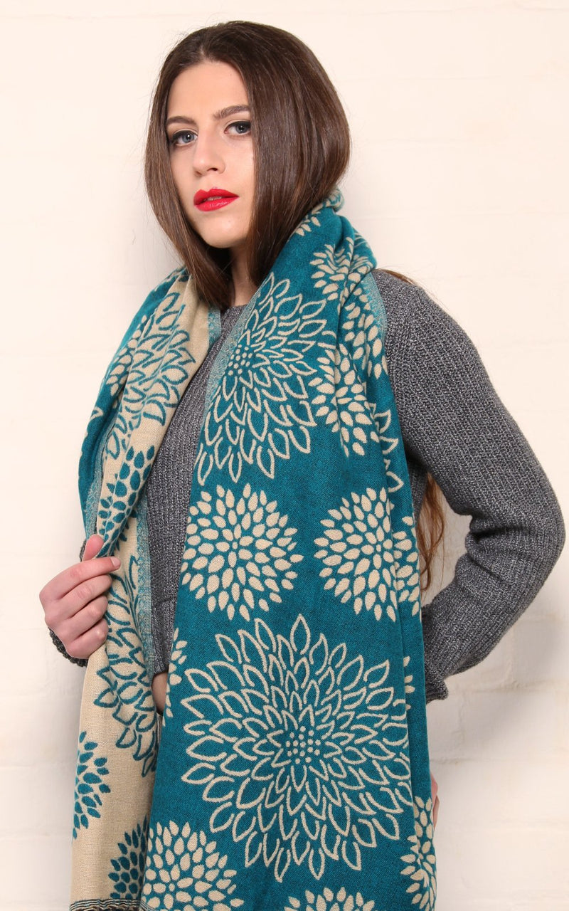  blue crysanthemum floral patterned reversible Himalayan tibet knit shawl  draped around shoulders