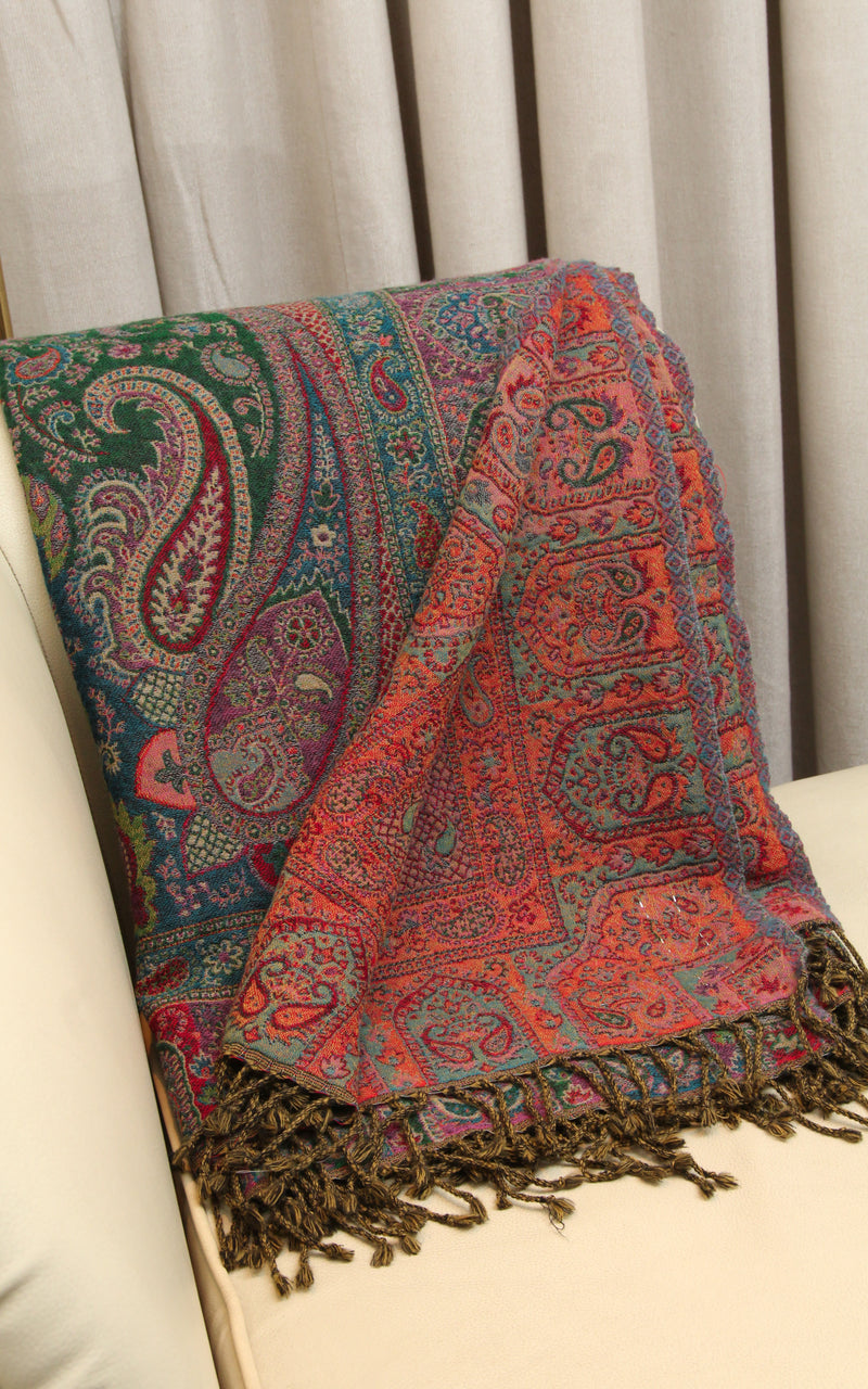 100% lambswool forest Green paisley boiled wool blanket burnt orange accents