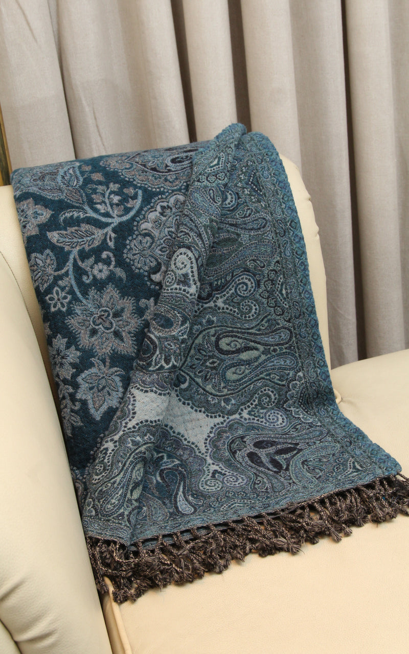 100% pure lambswool dark blue light blue accents floral reversible  boiled wool blanket  free uk shipping