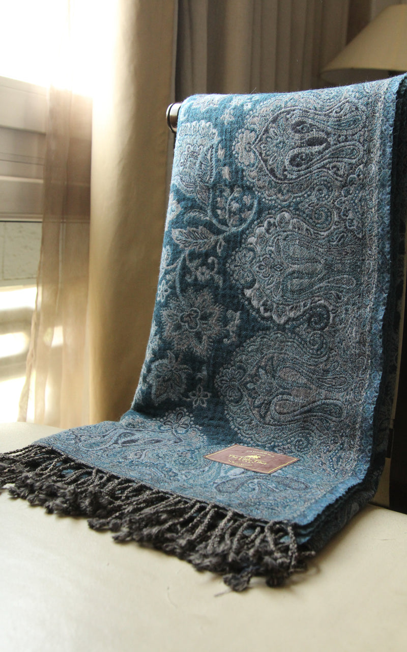 100% pure lambswool dark blue light blue accents floral  boiled wool blanket 