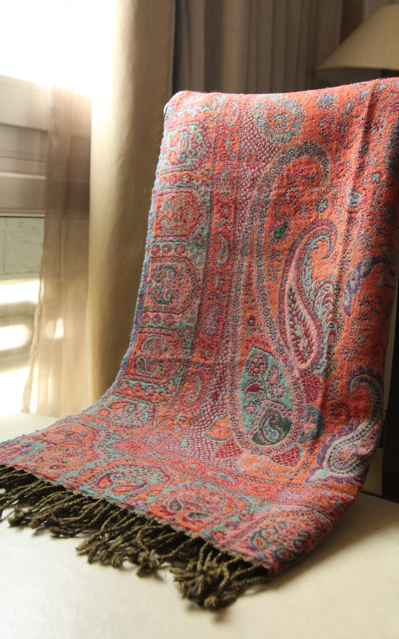 100% lambswool Green paisley burnt orange accents lightweight  reversible boiled wool blanket