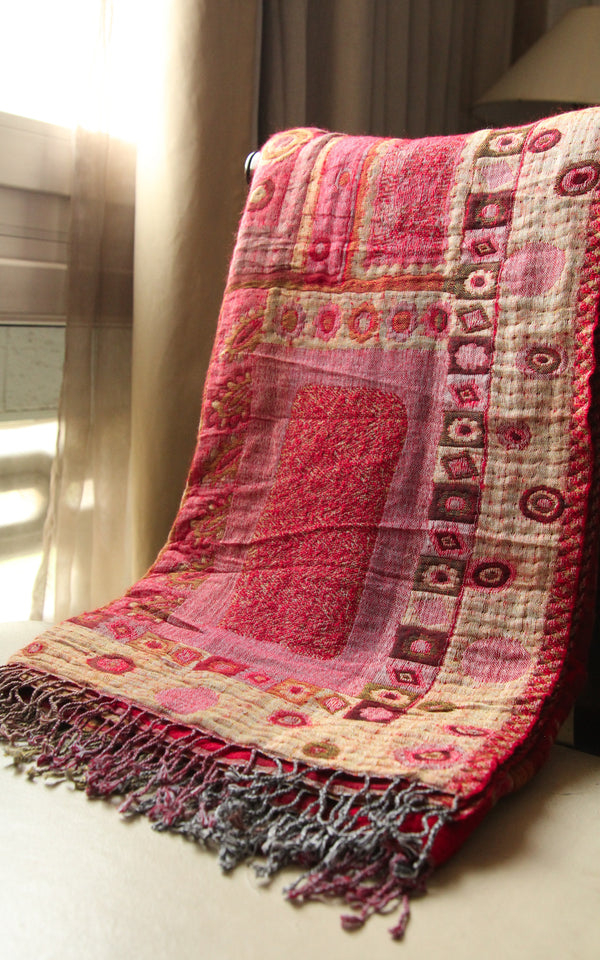 Aztec Sangria Red Boiled Wool Blanket-BW133, The Little Tibet