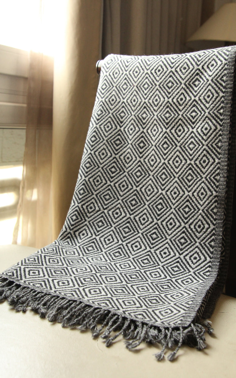 Monochrome Diamond Boiled Wool Blanket -BW108, The Little Tibet