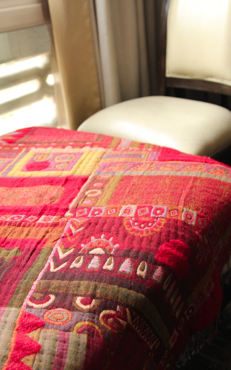 Aztec Sangria Red Boiled Wool Blanket-BW133, The Little Tibet