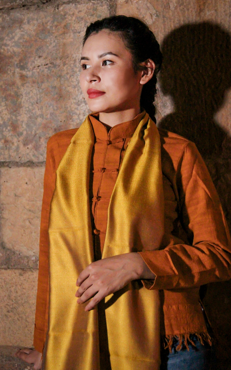 model wearing Luxury 100% pure silk regal gold navy blue reversible silk scarf pashmina  
