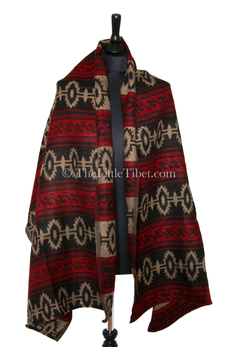 Cosy cream red  blanket  scarf tibet shawl  geometric design draped around shoulders