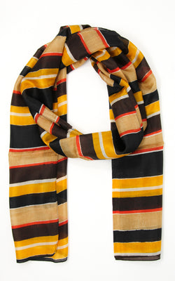 Distinctive patterned silk scarf with yellow, black, red and beige accents