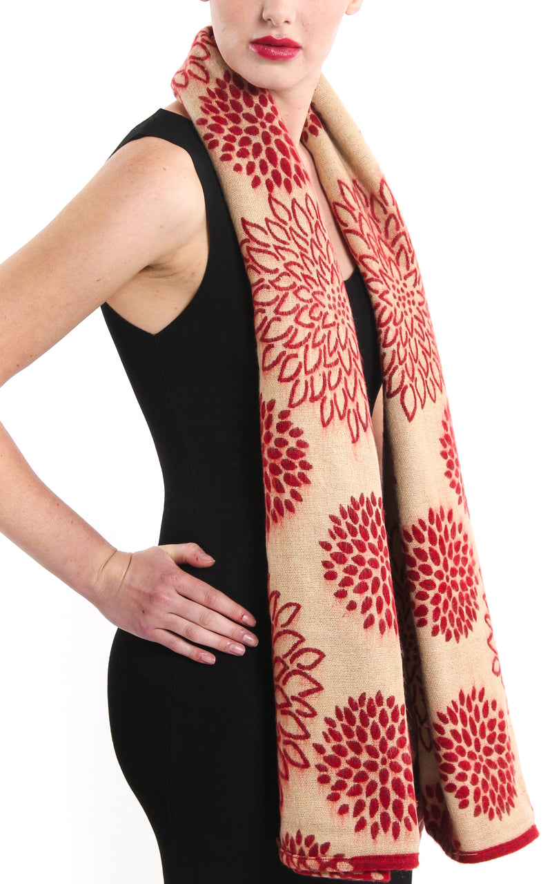 red cream crysanthemum floral patterned reversible chunky knit shawl scarf  