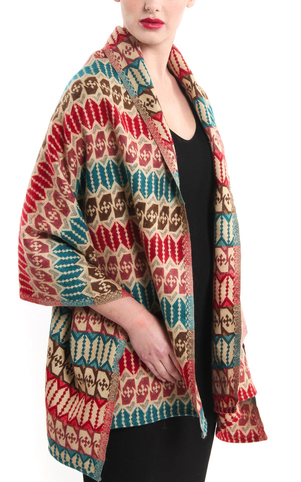 Geometric patterned  Himalayan  Tibet shawl red teal blue reversible draped around shoulders