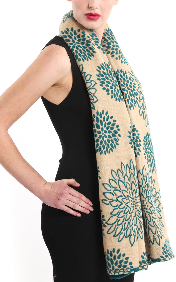 Chrysanthemum teal blue floral patterned reversible Himalayan tibet knit shawl with cream side