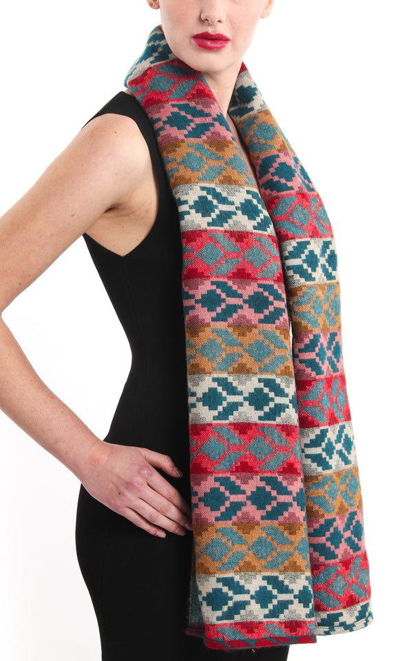 Geometric patterned overlay Himalayan reversible Tibet shawl with colourful accents