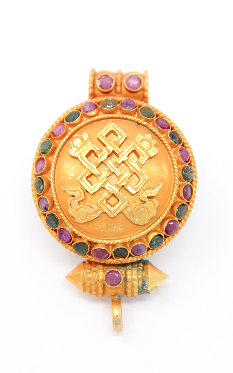circular Gold Plated Endless Knot auspicious symbol Locket ruby emerald turquoise coral