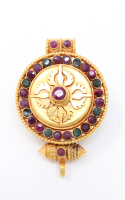 circular Gold Plated Double Dorjee Locket ruby emerald stones