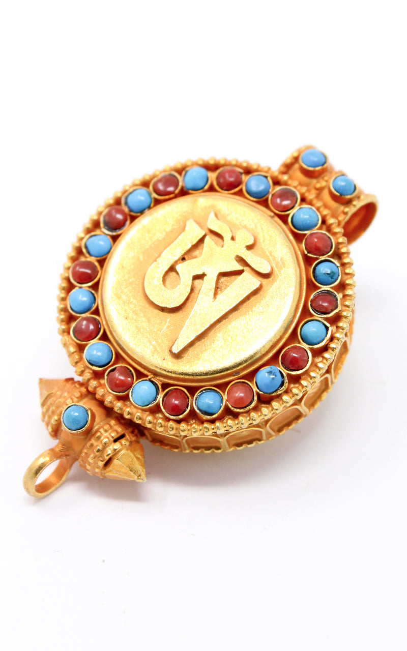 circular Gold Om Locket Pendant turquoise coral side view