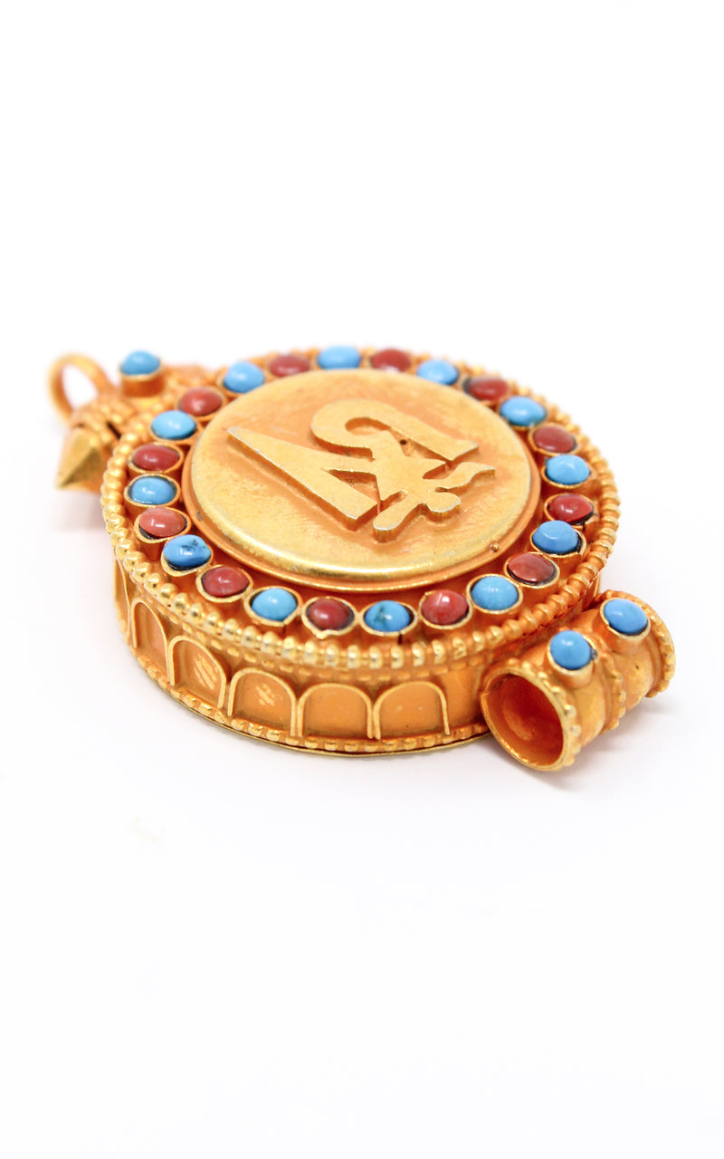 circular Gold Om Locket handmade Pendant turquoise coral detail