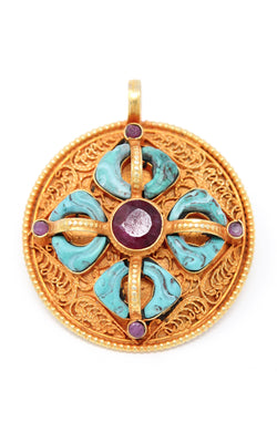 Circular Gold silver Double Dorjee thunderbolt Pendant turquoise coral ruby accents