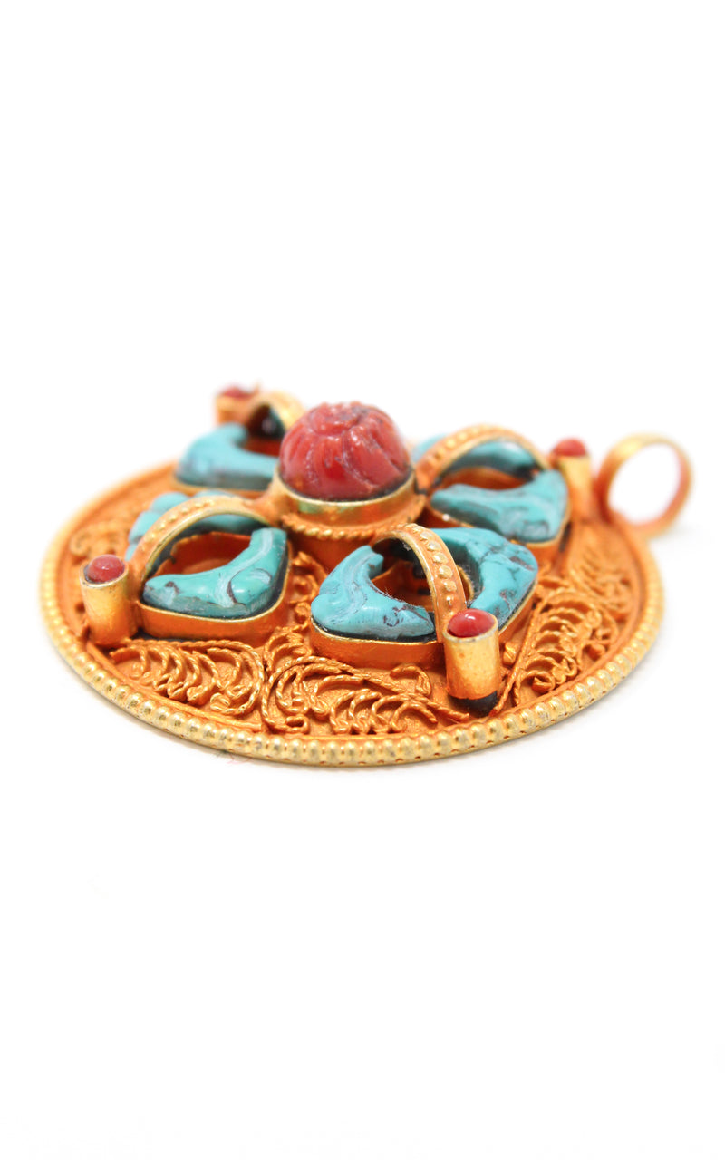 Circular Gold silver Double Dorjee thunderbolt handmade Pendant turquoise coral ruby accents