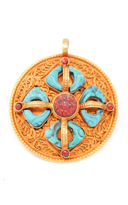 Circular Gold silver Double Dorjee thunderbolt Pendant turquoise coral ruby accents exterior