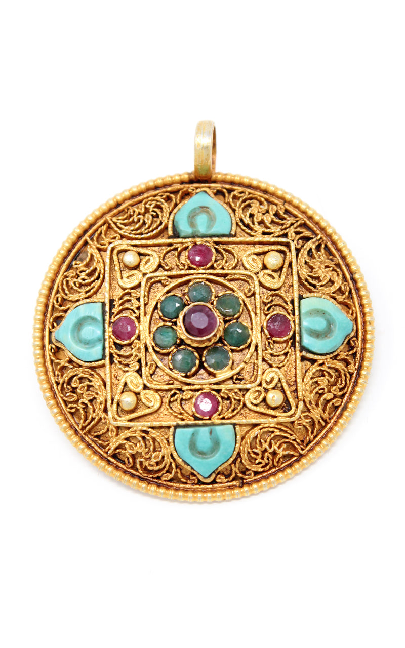 Circular Unique Gold Mandala Pendant Tibetan handmade jewellery close up