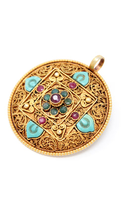 Circular Unique Gold Mandala Pendant Tibetan handmade jewellery 