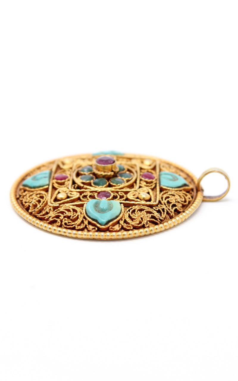 Circular Unique Gold Mandala Pendant Tibetan handmade jewellery side view