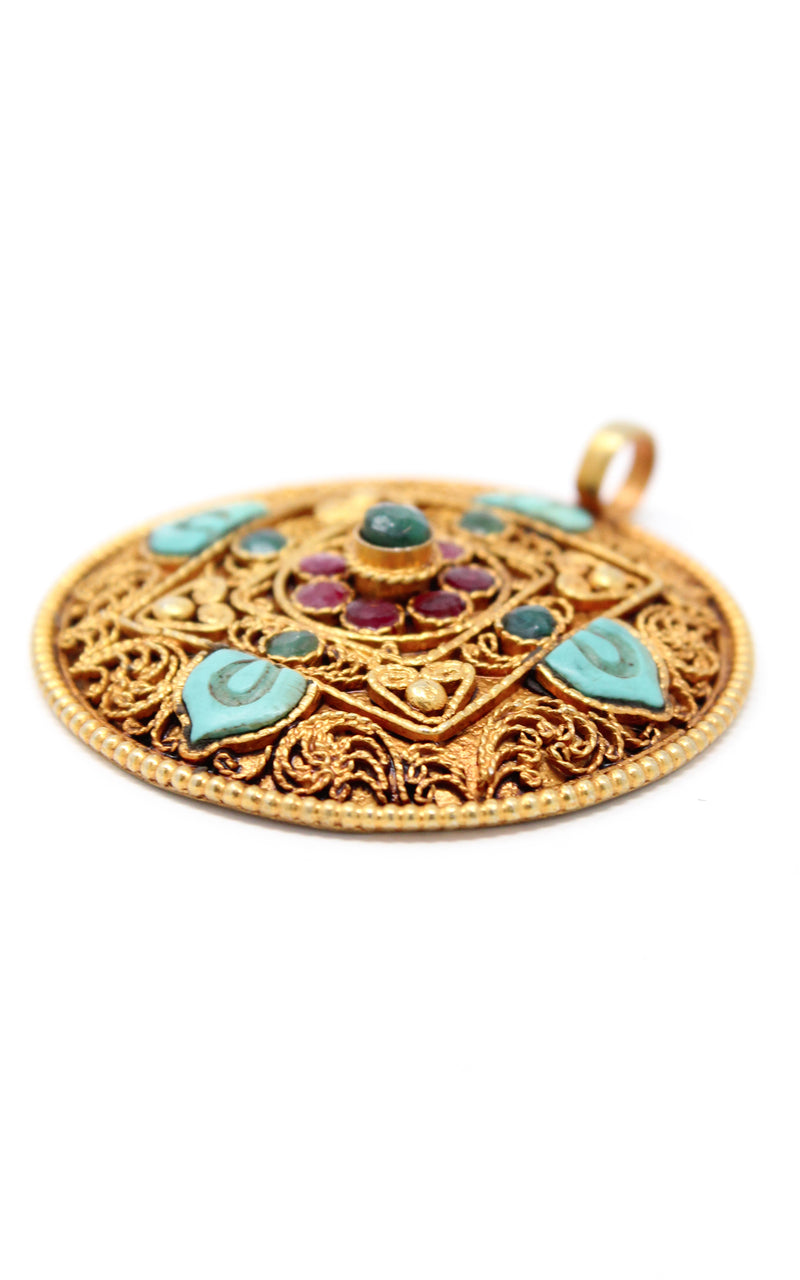 Circular Unique Gold Mandala Pendant Turquoise stones side view 