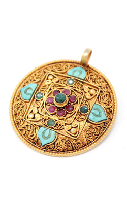 Circular Unique Gold Mandala Pendant turquoise ruby emerald stones 