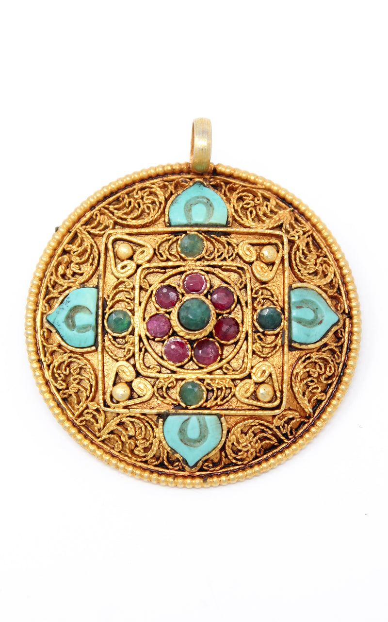 Circular Unique Gold Mandala Pendant  handmade  close up