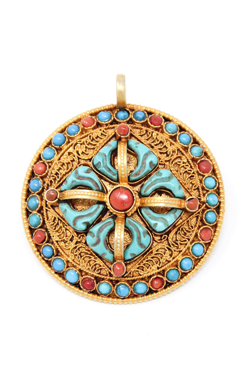 Circular Gold Double Dorjee Pendant turquoise coral accents