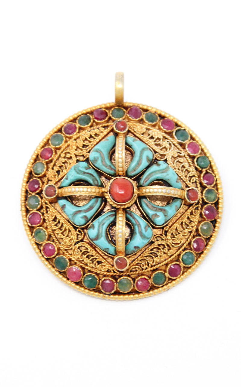 Circular Gold Double Dorjee Pendant turquoise coral accents exterior