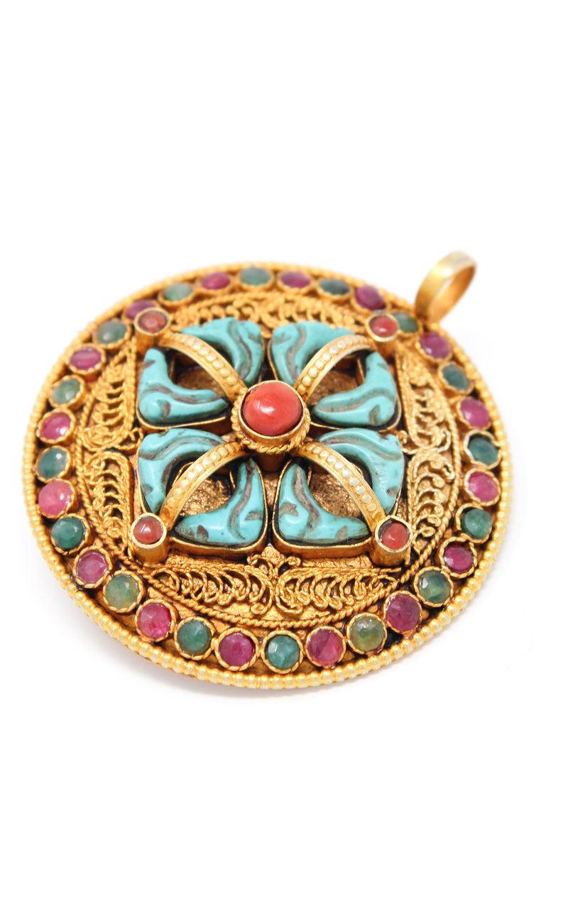 Circular Gold Double Dorjee Pendant turquoise coral accents close up 