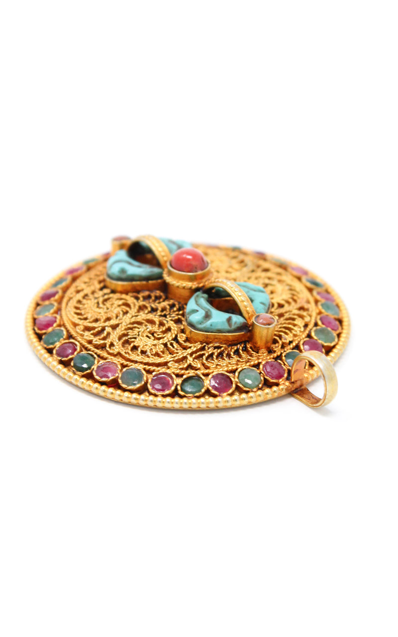 Circular Gold Dorjee Pendant turquoise coral ruby emerald gems sideview