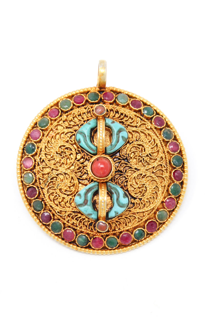 Circular Gold Dorjee Pendant turquoise coral ruby emerald