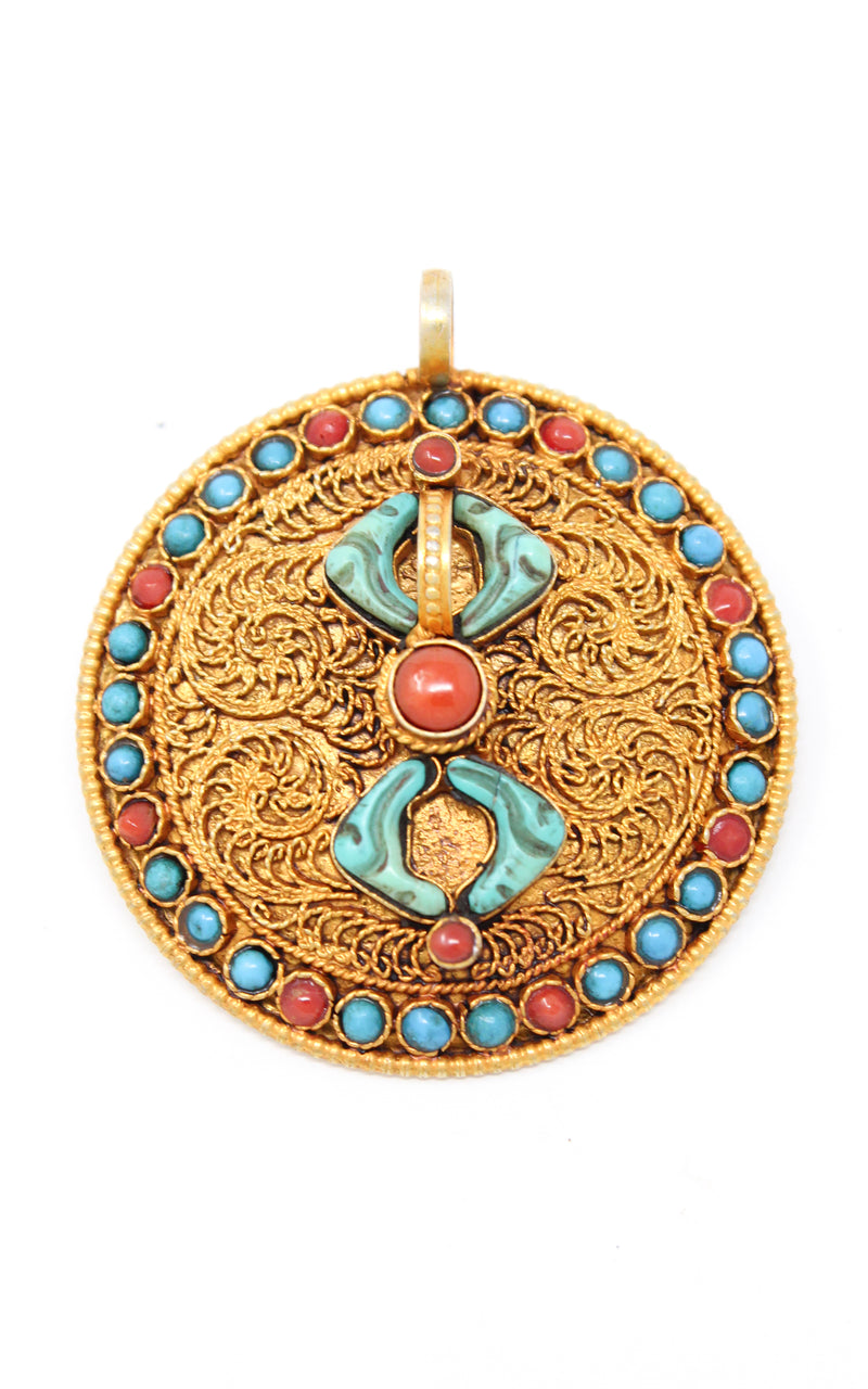 Circular Gold Dorjee handmade Pendant turquoise coral ruby emerald stones