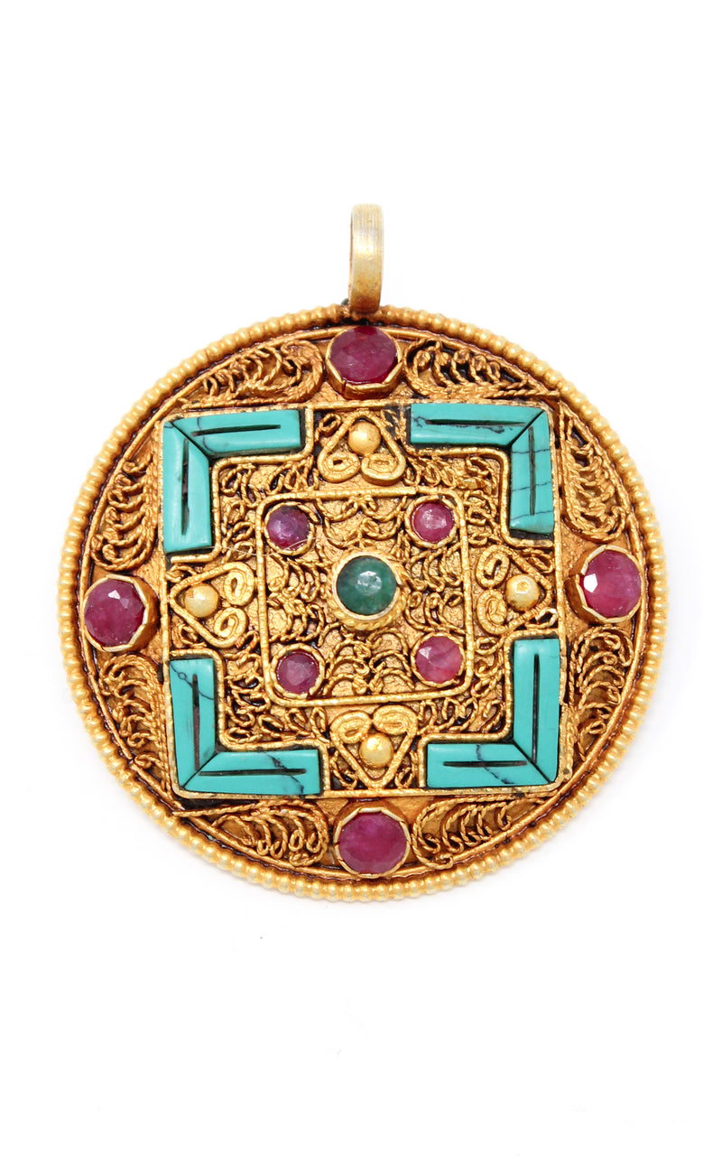 Geometric Gold Plated Tibetan Mandala Pendant turquoise ruby emerald stones