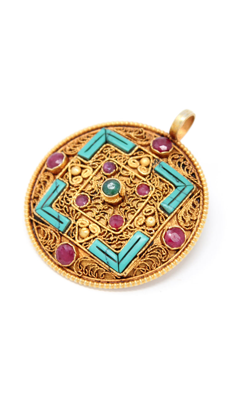 Geometric Gold Plated Tibetan Mandala handmade Pendant turquoise ruby emerald