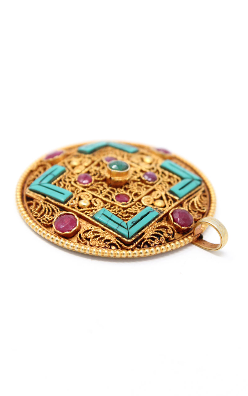 Geometric Gold Plated Tibetan handmade Mandala Pendant turquoise ruby emerald 