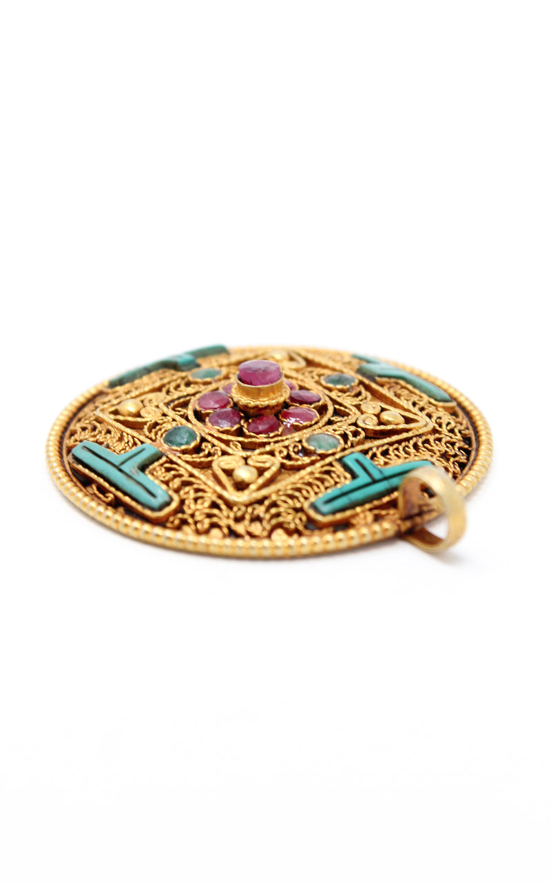 Circular Gold Plated Turquoise Mandala Pendant sideview