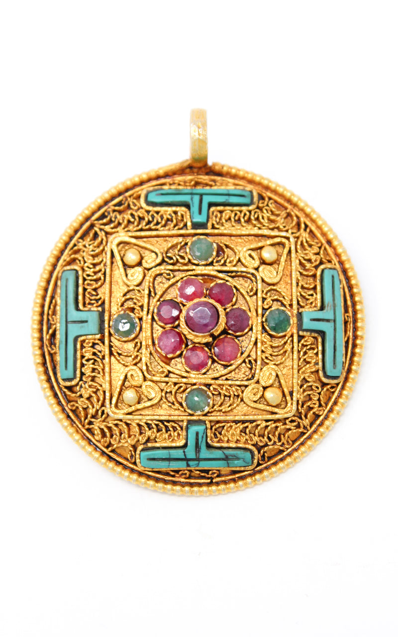 Circular Gold Plated Turquoise Mandala Pendant 