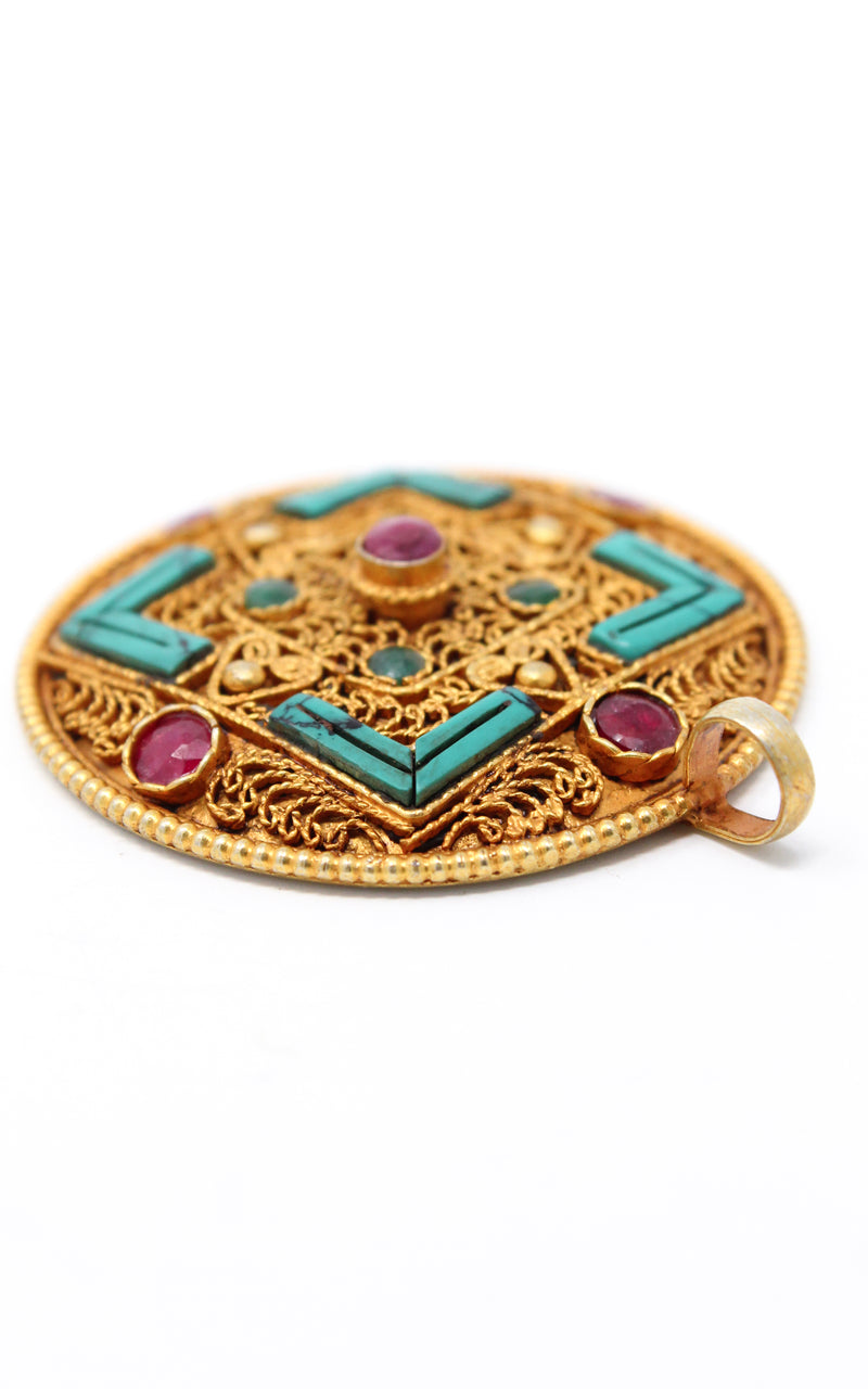 Geometric Gold Plated Tibetan Mandala Pendant turquoise ruby emerald side view 