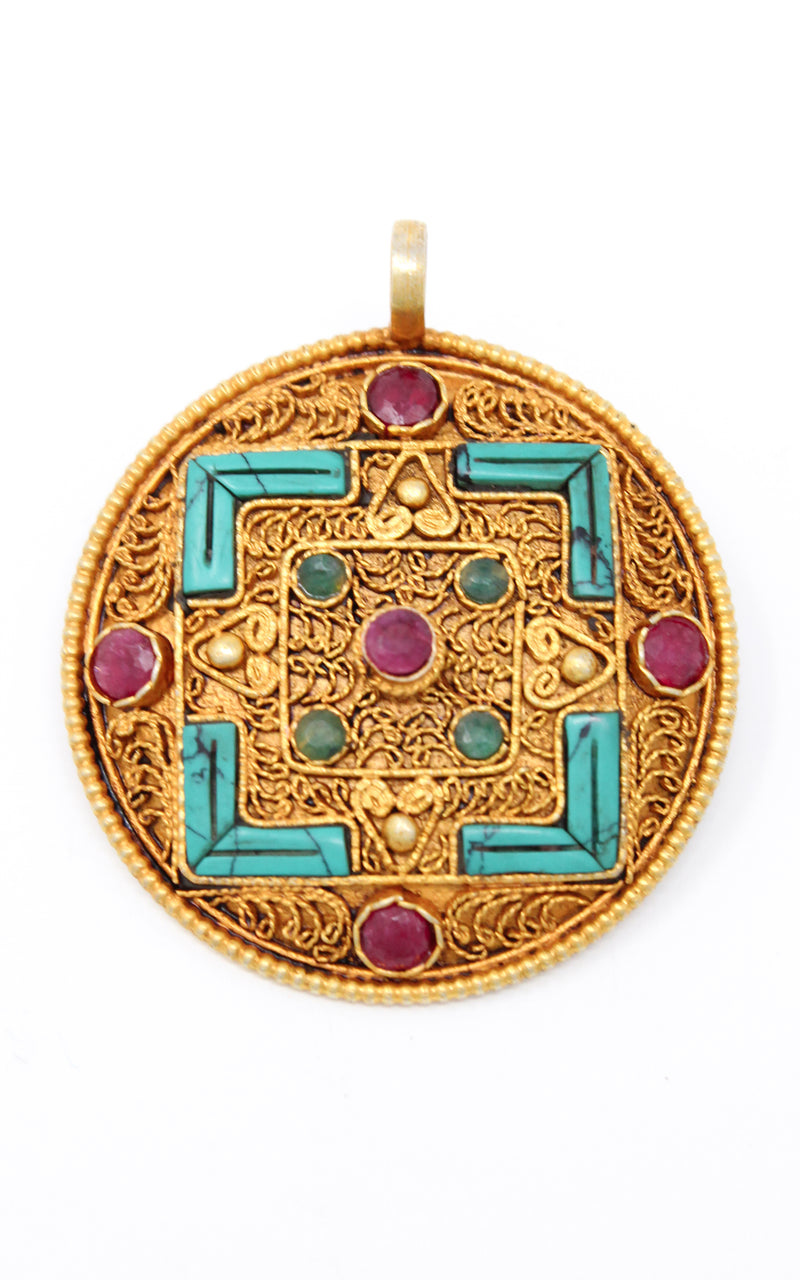 Geometric Gold Plated Tibetan Mandala Pendant turquoise ruby emerald close up