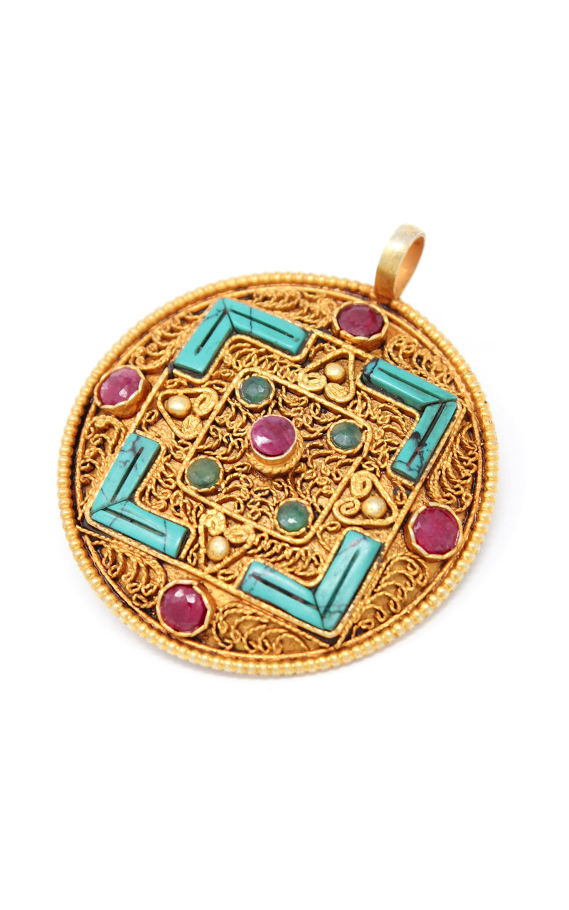 Geometric Gold Plated Tibetan Mandala Pendant turquoise ruby emerald accents 