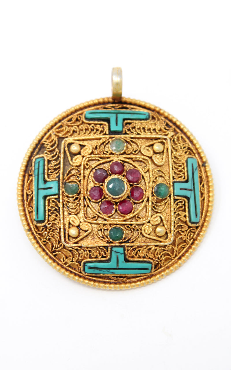 Circular Gold Plated Turquoise Mandala Pendant turquoise ruby emerald stones 