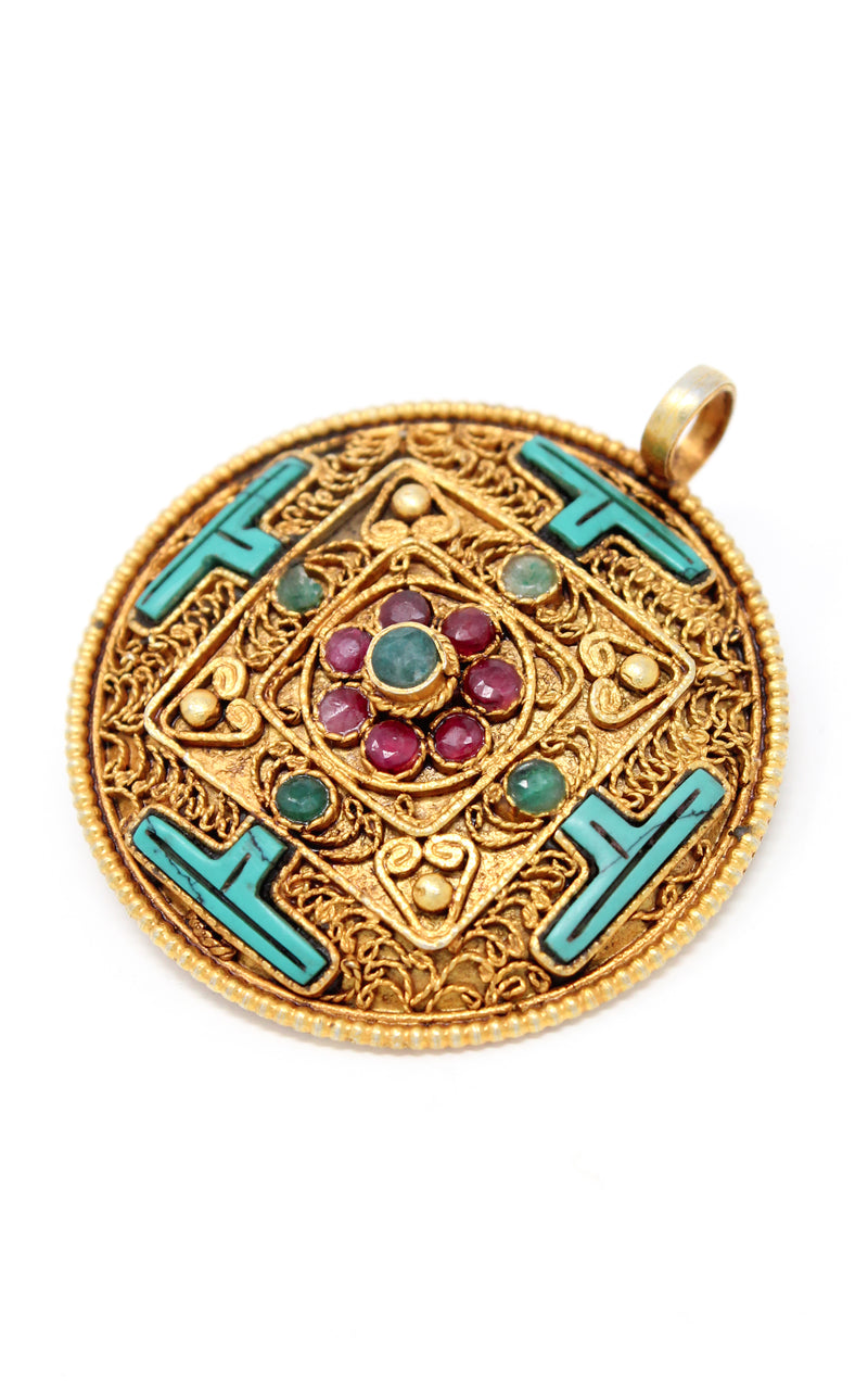 Circular Gold Plated Turquoise Mandala Pendant turquoise ruby emerald stones sideview