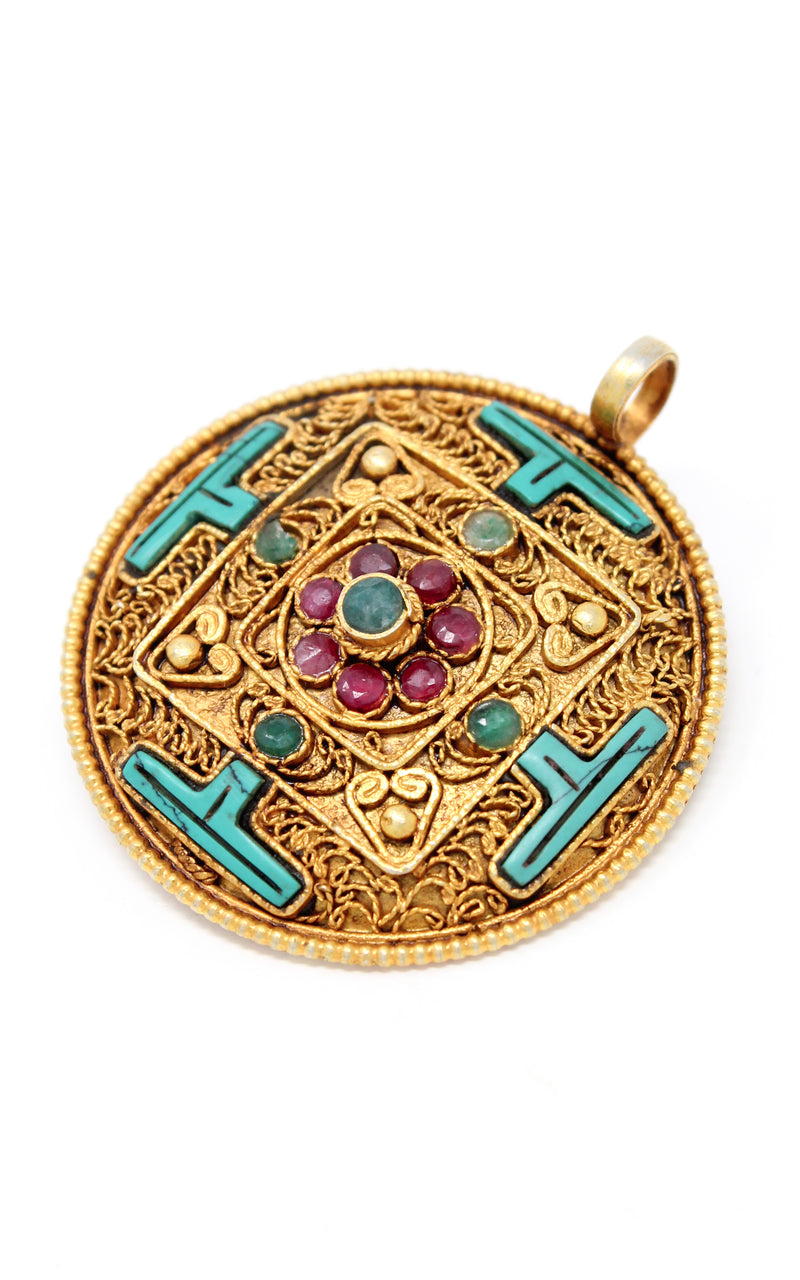 Circular Gold Plated Turquoise Mandala Pendant turquoise ruby emerald stones sideview