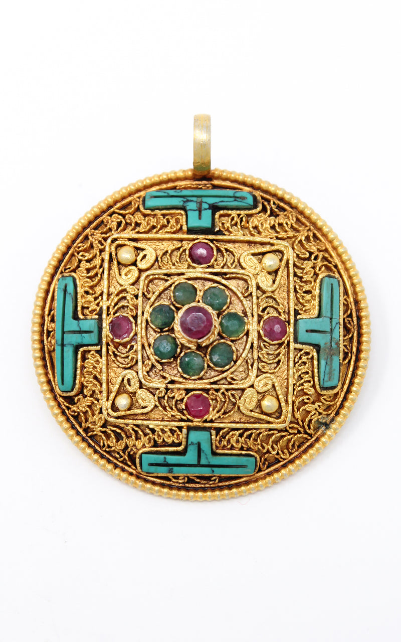 Circular Gold Plated Turquoise Mandala Pendant turquoise ruby emerald close up