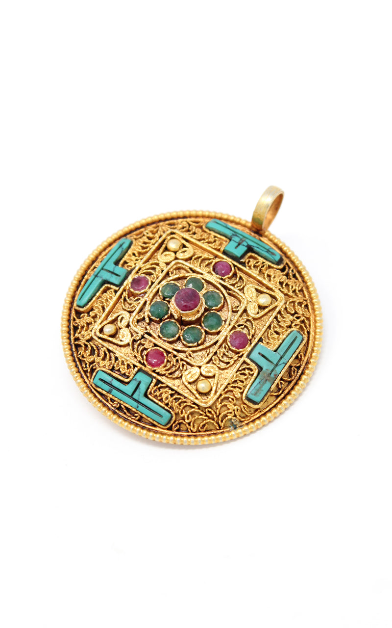 Circular Gold Plated Turquoise Mandala Pendant turquoise ruby emerald gems