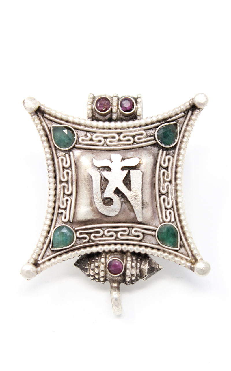 Silver Om Locket Pendant emerald ruby beads handmade tibetan jewellery close up