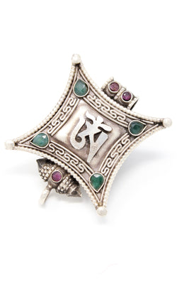 Silver Om Locket Pendant emerald ruby beads handmade tibetan jewellery 
