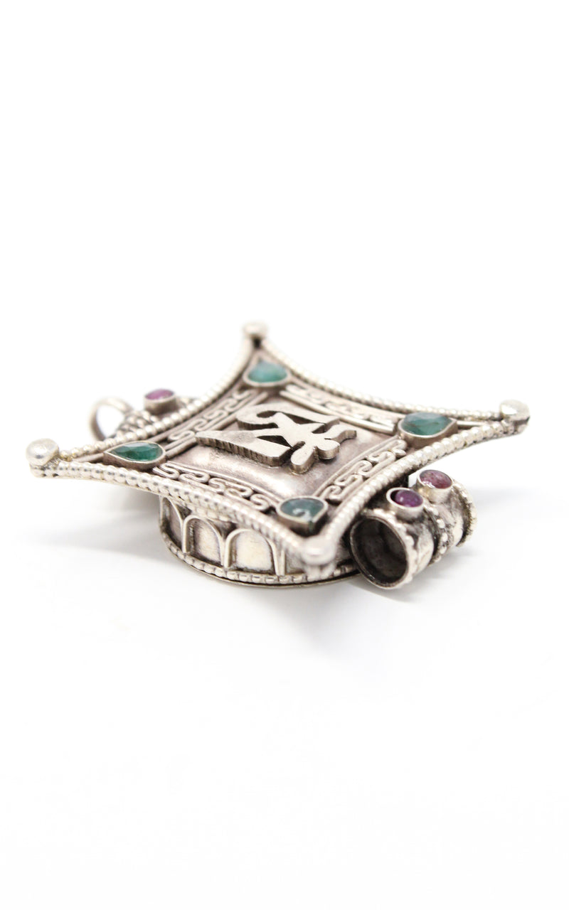 Silver Om Locket Pendant emerald ruby beads handmade tibetan jewellery side view